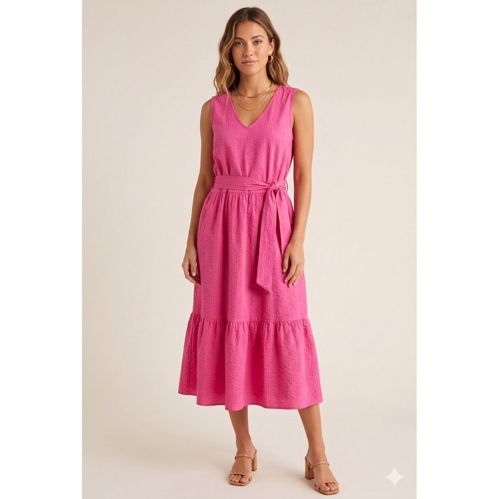 New Barbour Pink Tiered Midi Dress Size 12 US V Neck Seersucker Pockets
